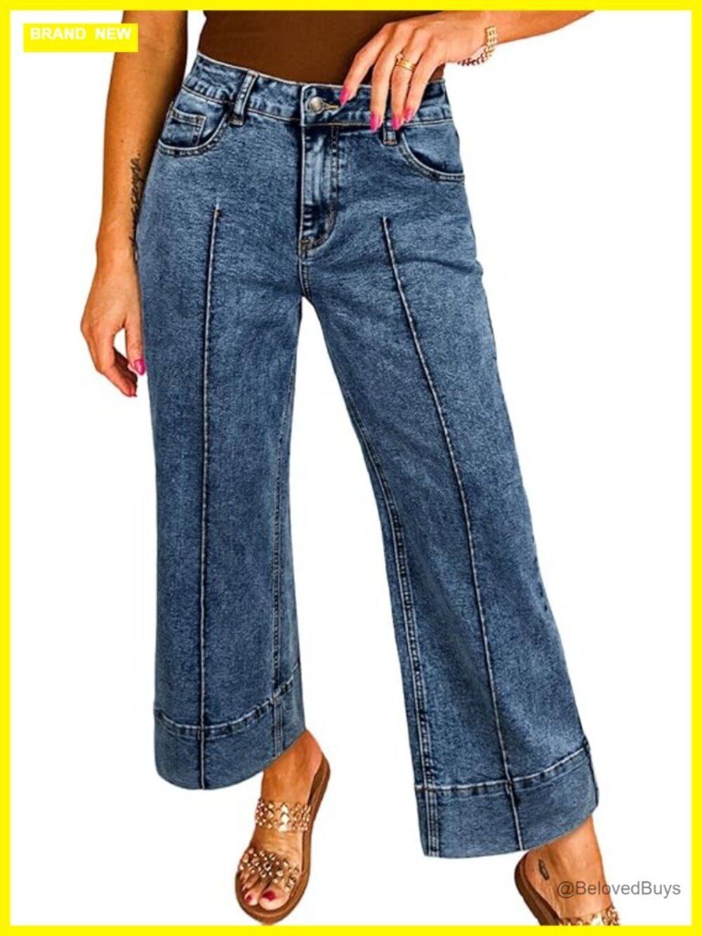 Stretchy Wide Leg High Waisted Cropped Ankle Denim Jeans with Vertical Seams
